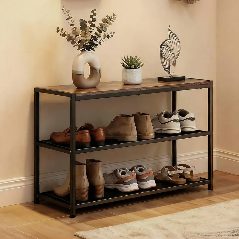 Sweetcrispy 3-Tier Wood & Metal Shoe Bench with Mesh Shelves - 28.3x11.8in Stable Frame Shoe Storage System, Easy Setup for Entryway, Hallway, Brown & Black Indoor Furniture