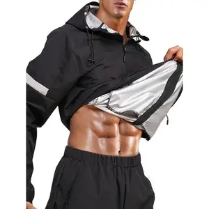 Men's Regular Fit Solid Zip Up Sauna Hooded Jacket, Breathable Drawstring Long Sleeve Sports Jacket, Hoodie for Men, Men's Sportswear for Indoor Outdoor Wear, Athletic Clothes, Workout Clothes