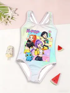 Girls' One-Piece Swimsuit, Macaron K-Pop Design, Blue Cat Print, Light Trim, Summer Beach Pool Essential, Casual Fitted Jumpsuit, Bright Swimwear