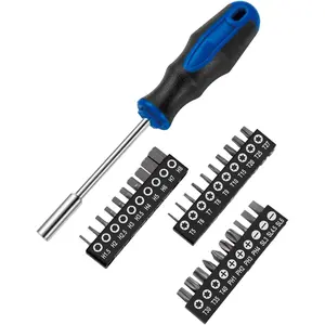 31-Piece 1/4 Inch Magnetic Bit Driver Set, Nut Driver with Phillips, Flat/Slotted, Hex and Torx Bits, Screwdriver Handle for Holding 1/4 Bits, CR-V Steel