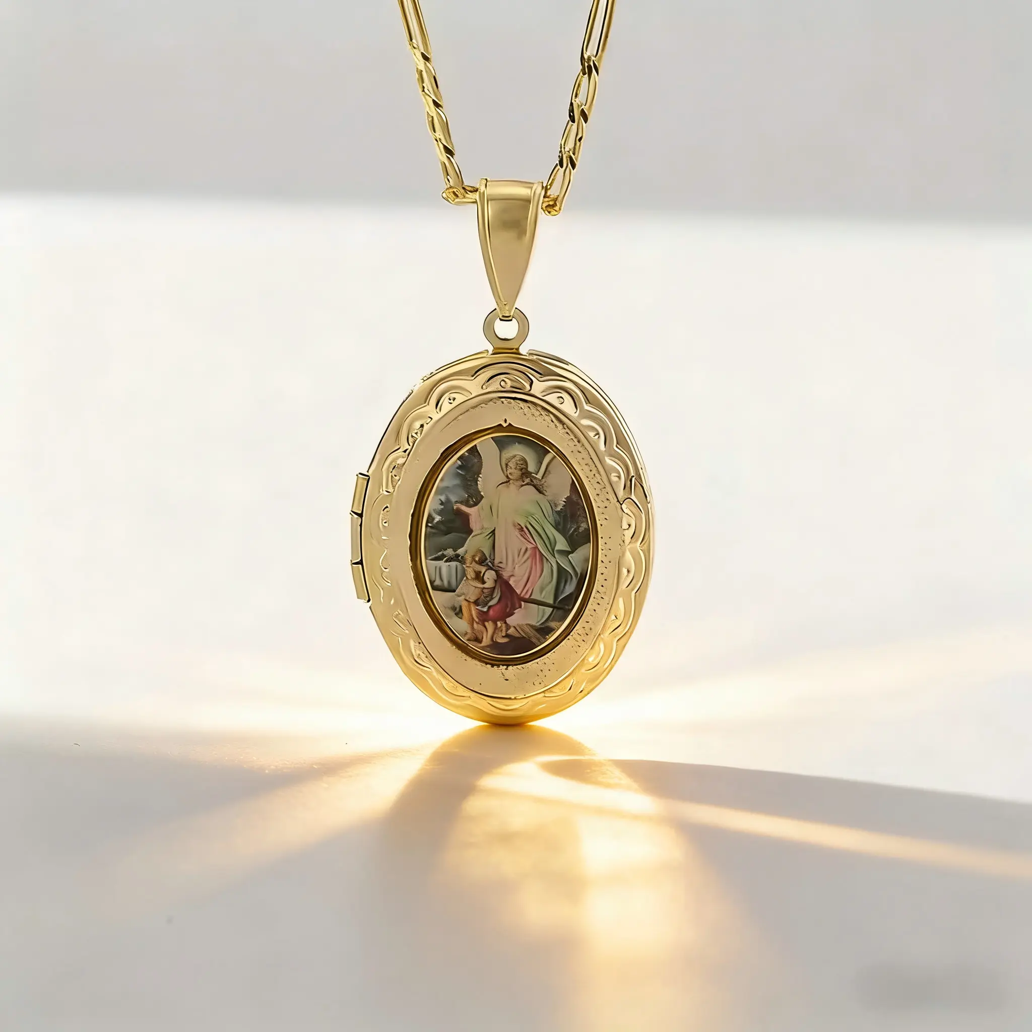 14K Gold Openable Guardian Angel Photo Locket Necklace Figaro Chain 316 Stainless Steel Hypoallergenic Low Sensitivity Unisex Catholic Religious Memory Keepsake Daily Layering Faith Jewelry
