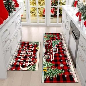 Kitchen rug, winter Christmas decoration, kitchen rug two-piece set, red and black checkered car and Christmas tree pattern, soft and comfortable non-slip floor mat, Christmas gift, multi-functional for kitchen areas, living room, Kitchen Rugs Sets