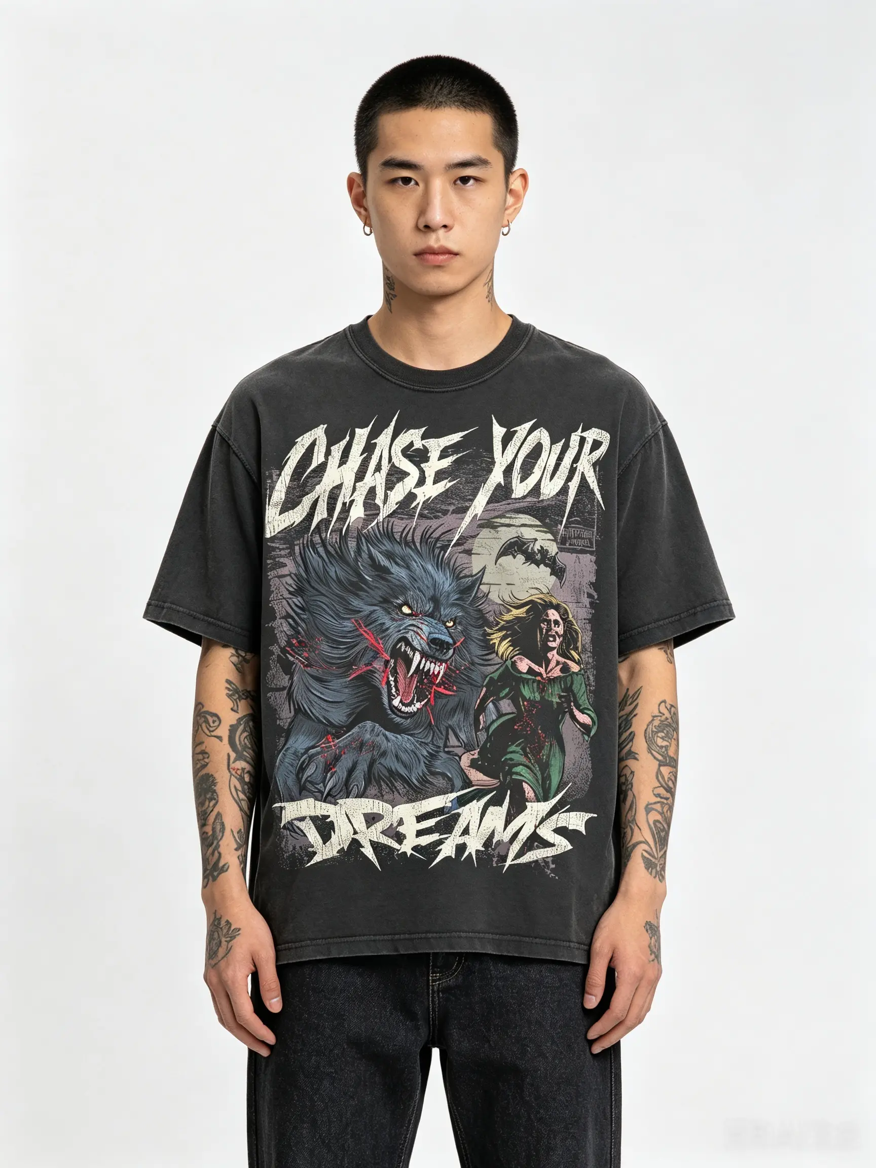 Men's Gothic Werewolf Graphic T-Shirt, Casual Loose Fit Cotton Top with a Round Neck and Short Sleeves for All Seasons, Shortsleeve, Tshirt, Menswear, Gothic Unisex, Crew Neck, Graphic Print, Lightweight