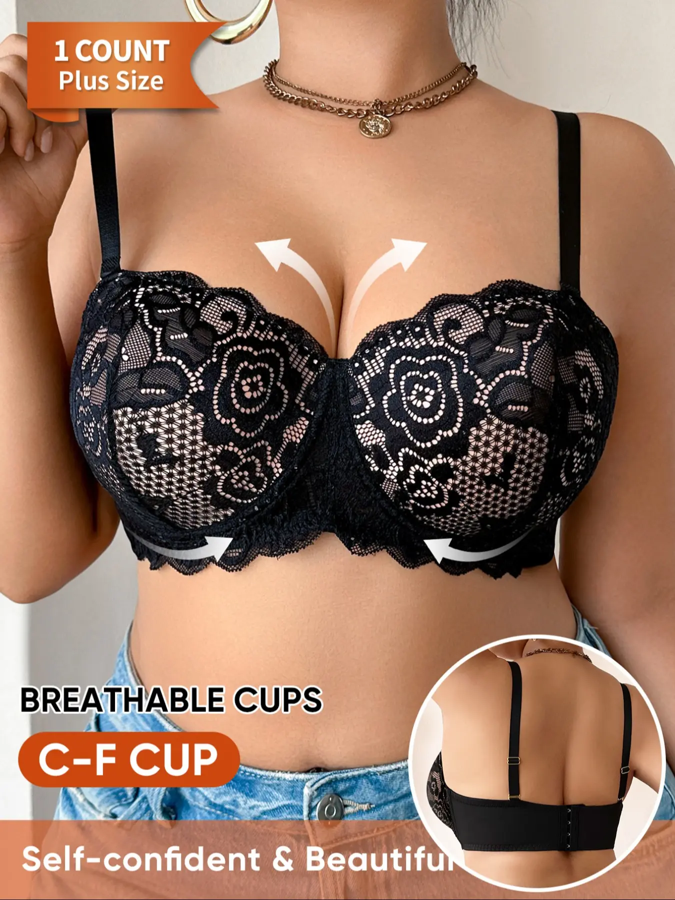 Morelect C-F Cup Breathable Lace Full-Band Bra, Push-Up Medium Support Lingerie Underwear, Casual All-Seasons Unlined Print Design Clothes