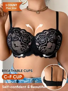 Plus Size C-F Push-Up Bra, Breathable Lace Smooth Womenswear Underwear, Medium Support, Casual Style, All Seasons, Comfortable Fit, Women, Breathable Lace Smooth Bras