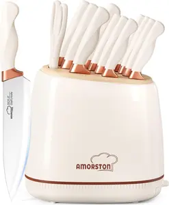 14-Piece Knife Set with Block – German Stainless Steel Kitchen Knives with Mirror Blade Design, Sharpening Stone, Dishwasher Safe – White Steak Knives, Ideal Holiday Gift