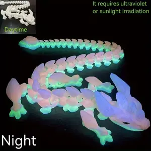 A Luminous 3D Printed Crystal Dragon Statue, Featuring a Glowing Rainbow Body And Fluorescent Scales - with a Multi-Jointed Movable Body, Randomly Colored Eyes, Made of Durable Plastic, Perfect for Home Decor, Festive Ornaments