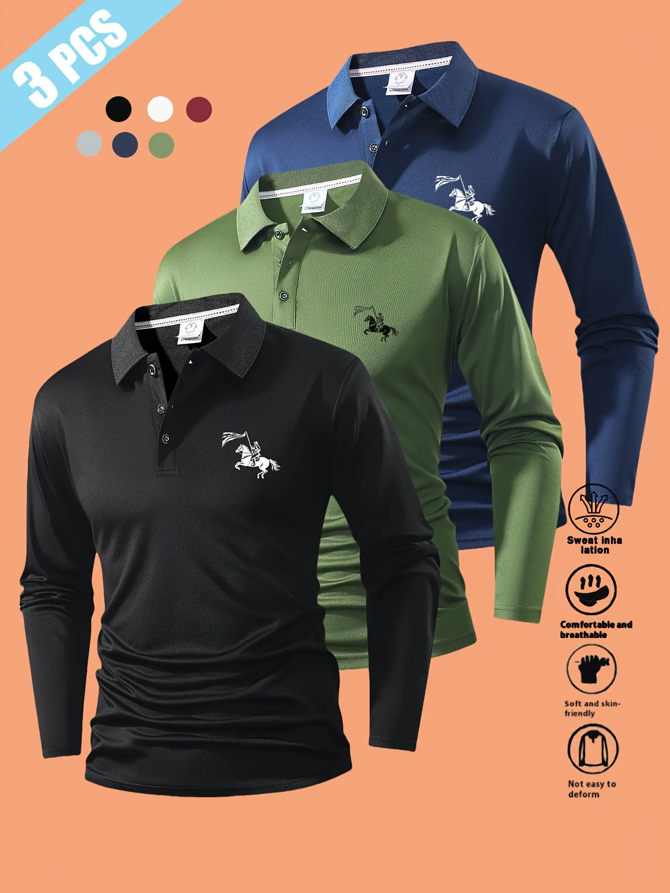 3-pack men’s casual fashion collared long-sleeve polo shirts – comfortable, breathable fabric; stylish collar detailing and buttons; solid colors that are versatile for golf, everyday wear, business casual, weekend outings, and travel—casual style essenti