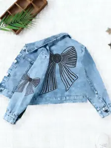Diamond Bow Print Denim Jacket for Kids, Girls' Casual Top, Stylish Sweet Sparkle Clothing, Light Blue Jean Jacket