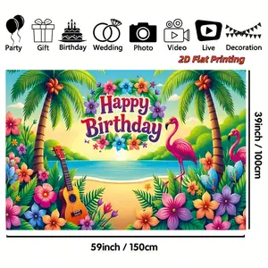 2D flat print 1 piece, seaside floral flamingo pattern summer themed birthday party design tapestry, perfect for party decorations, holiday decorations and photography props, suitable for indoor and outdoor scenes, as well as photography studios