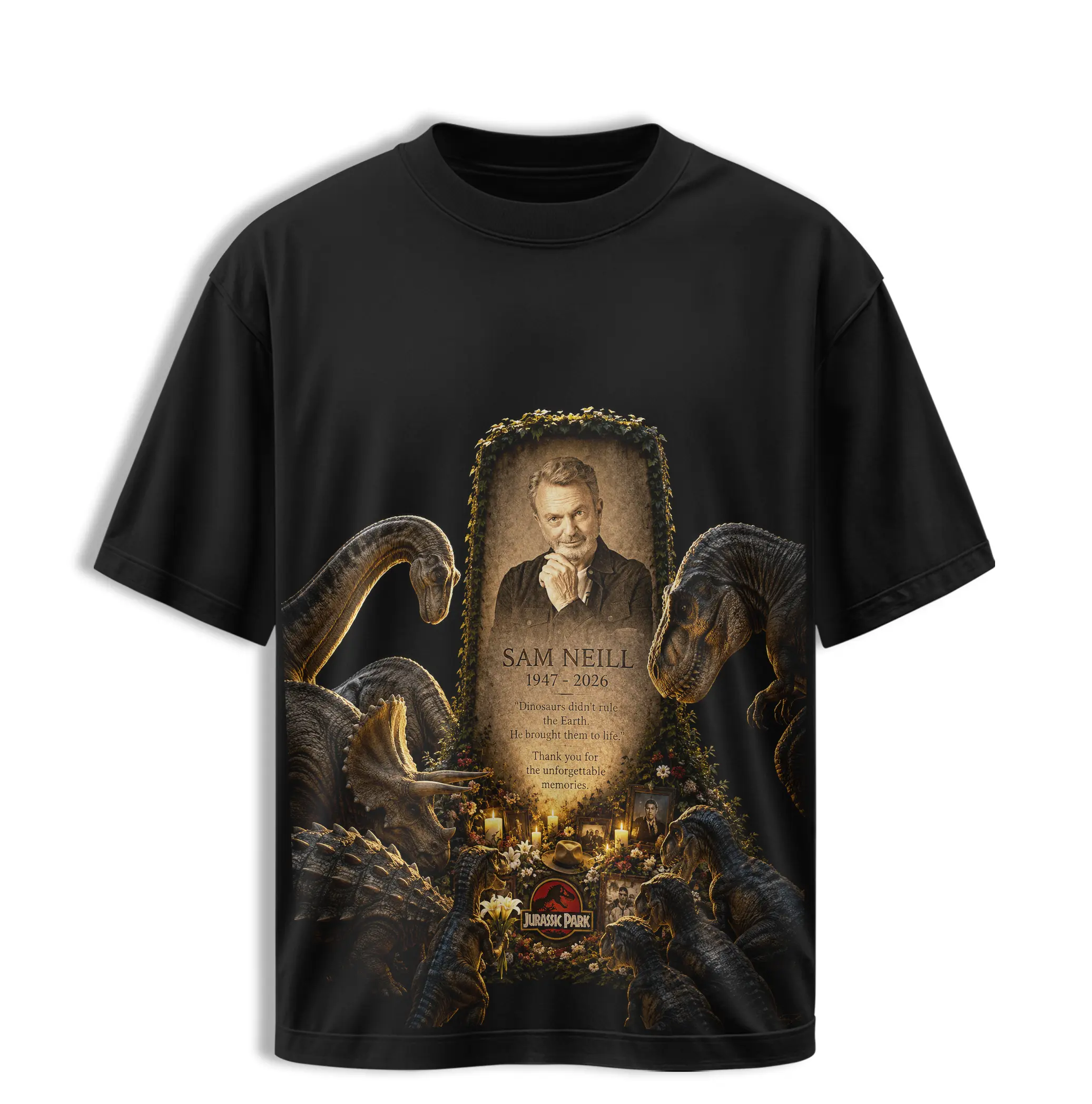 Sam Neill 1947-2026 Memorial T-Shirt Tombstone Art Jurassic Park Dinosaurs Tribute Tee