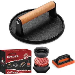 Smash Burger Press Kit - 3 in 1 Hamburger Patty Maker, Heavy Duty Cast Iron Burger Press with Cleaning Pad, Perfect for Grill, Griddle, Flat Top, Kitchen Cooking