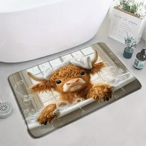 Peeking Highland Cow Flannel Bath Mat – Adorable design with a fluffy baby highland cow playfully peeking over a ledge, cute & cozy vibe, Non-Slip Indoor Mat for bathrooms, powder rooms & farmhouse-style home decor, Bathroom Floor Mat, Bathroom Rug