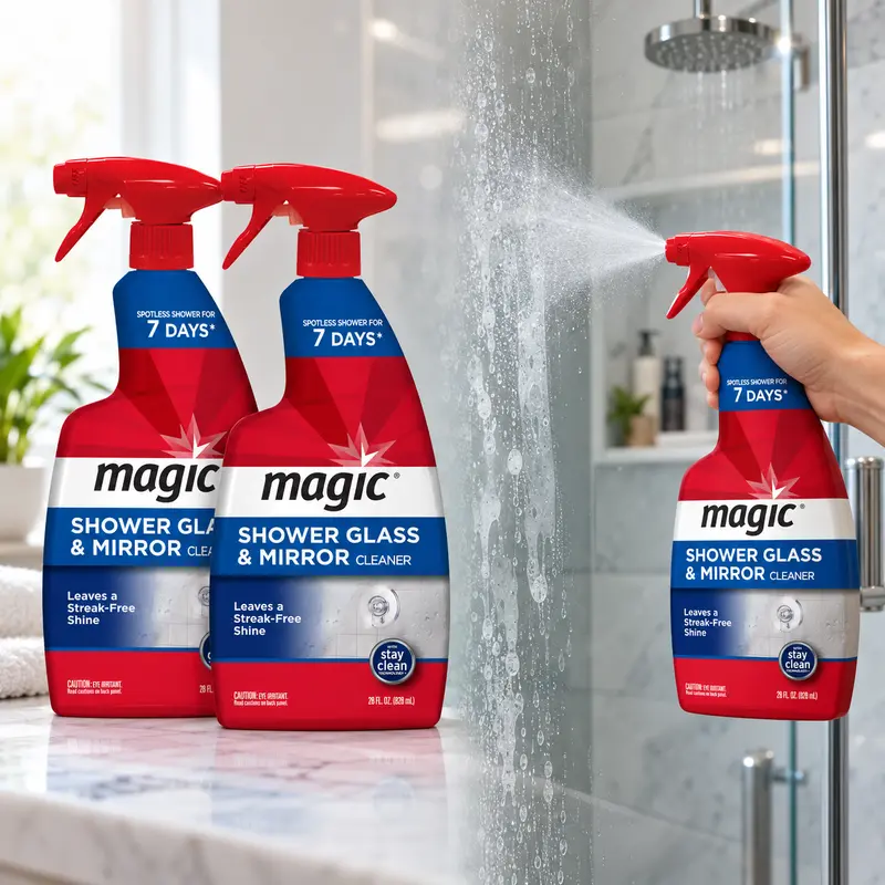 Magic 28 oz. Glass Cleaner with Stay Clean Technology, 7-Day Protective Coating Repels Soap Scum & Hard Water, Easy Spray & Wipe for Streak-Free Shine on Glass & Mirrors, Also Prevents Fog, Leaves Invisible Shield for Lasting Clean & Fog-Free Surface