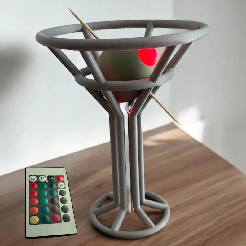 Martini Glass Olive Lamp - 15 Color LED Light w/ Remote, USB Powered Bar Decor, Cocktail Gift, Kitchen Night Light, Retro Desk Mood Lamp