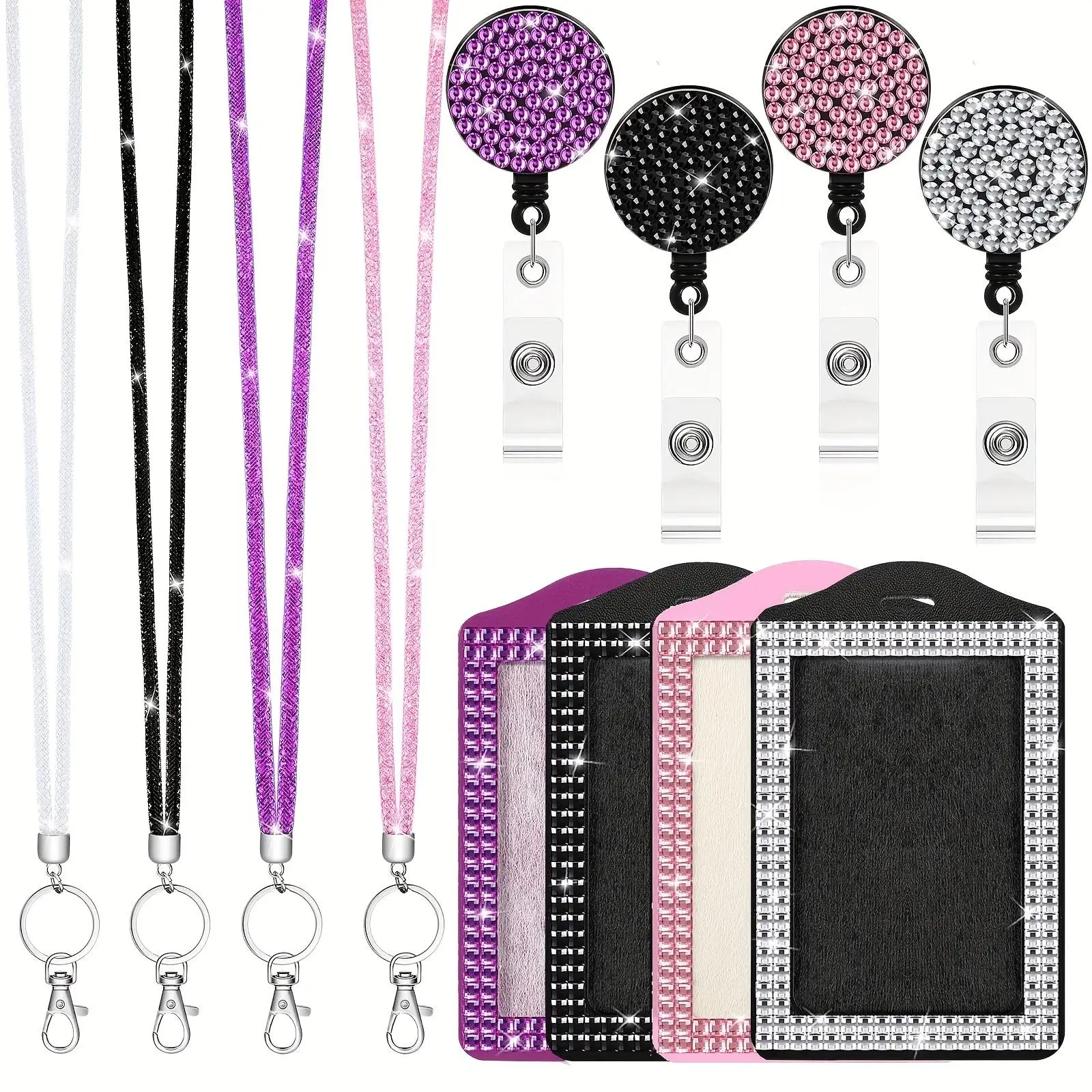 Rhinestone Decorated Lanyard Card Holder Set, 1 Set Including Custom Lanyard & Card Holder & Keychain, Identification Badges & Supplies for Office
