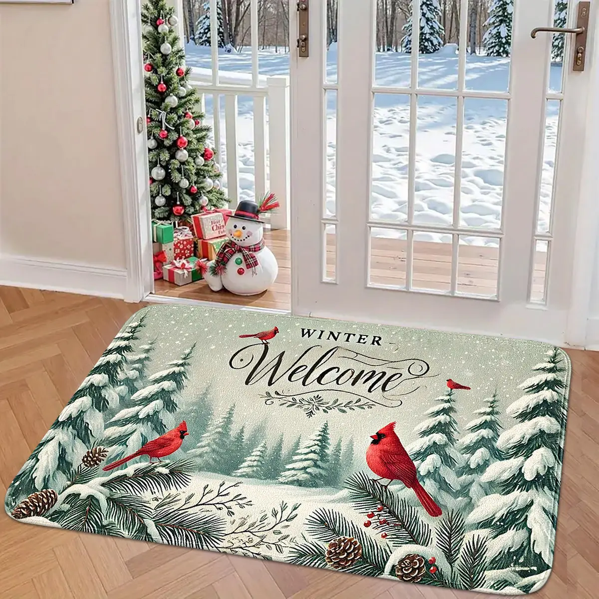 1 Piece Faux Cashmere Doormat - Christmas Snowy Pine Forest & Red Thrush Pattern, "WINTER Welcome" Design, Soft & Anti-Slip, Suitable for Bedroom, Kitchen, Hallway & More
