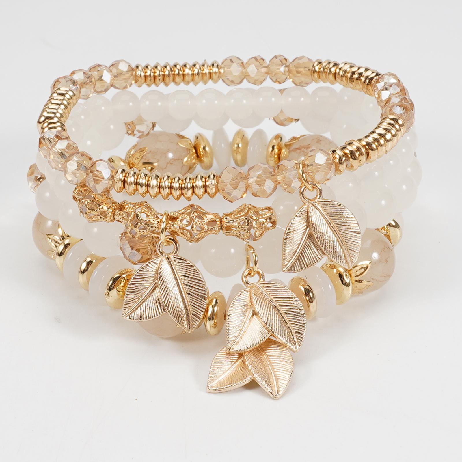 Bohemian Style Beaded Bracelet Set - 4 Pieces - Women's and Girls' Imitation Pearl Leaf Pendant Elastic Tassel Bangle - Fashionable Jewelry, Suitable for Everyday Wear, Couple Bracelets, Valentine's Day Gift.