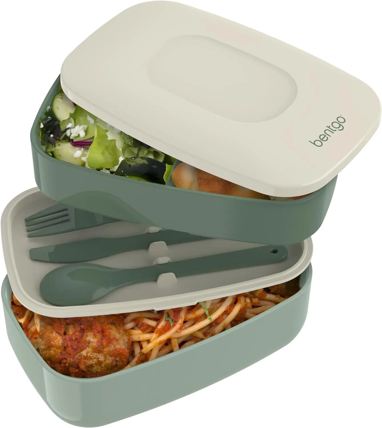 Classic - Adult Bento Box, All-in-One Stackable Lunch Box Container with 3 Compartments, Plastic Utensils, and Nylon Sealing Strap, BPA Free Food Container (Khaki Green)