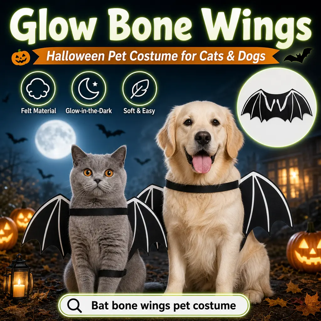 Glow in the Dark Bat Wings Costume for Cats & Dogs, Halloween Pet Costume with Soft Felt Wings, Lightweight Bat Wing Outfit for Small to Medium Dogs & Cats