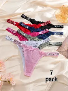 Women's Lace Hollow Out Panties, Bow Waist Design, Rhinestone Letter Thong, All-Season Wear, 7-Pack, Cute and Fashionable