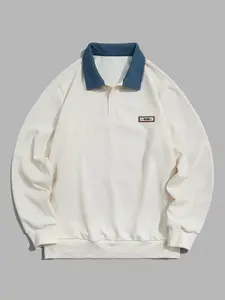 Men's Texture Jacquard Colorblock Polo Sweatshirt, Casual Loose-Fit Print Design, Fall & Winter Fashion, Comfortable Thicker Fabric