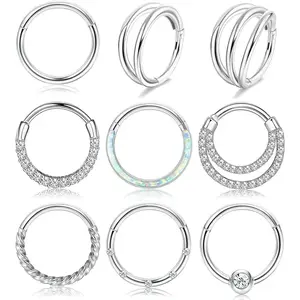 FINREZIO 9PCS Septum Rings 16G Surgical Steel Hinged Nose Rings Hoop for Women Men Hypoallergenic CZ Septum Clicker Segment Nose Rings Cartilage Hoop Earrings Rook Helix Tragus Conch Lip Daith Nose Piercing Jewelry 8mm 10mm 9Pcs Daily Cubic Zirconia