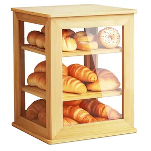Bread Box,Pastry Display Case,Bread Holder for Kitchen Counter, Wooden Large Capacity Bread Storage Bin Breadbox Organizer for Kitchen Counter Corner（Raw wood）