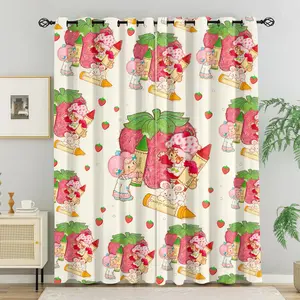Strawberry Shortcake "SWEET" Print Blackout Grommet Curtains, Home Decorative Curtain, 2 Panels Thermal Insulated Sun Protection Window Drapes for Bedroom, Balcony, Living Room, Cute Retro Cartoon Kids Room Decor