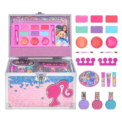 Barbie Colorful Compact Acrylic Train Case Pretend Play Beauty Playset - Kid Girl Back to School Washable Makeup Kit with Bubble Gum Items, Cotton Candy Gloss, 3 Peelable Polishes, Confetti Glitter, 1 Nail File - Gifts for Ages 3-12