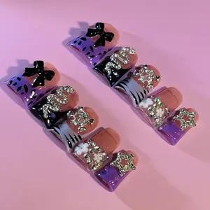 10pcs Handcrafted Y2K Duckbill Nails with Bow, Star, and Rhinestone Decorations  Featuring Shiny Rhinestones and Purple Accents, Perfect for Wedding Parties and Daily Wear, Includes Tool Kit for Easy Application. diy manicure kit easter summer
