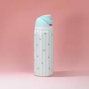 OWALA Blue Stripe Cherry Limited Edition 32 oz Insulated Stainless Steel Wide Mouth Flasks - Lockable Free-Flow Spout Lid, BPA-Free Double-Wall Insulation, Portable Stylish Travel Water Bottle