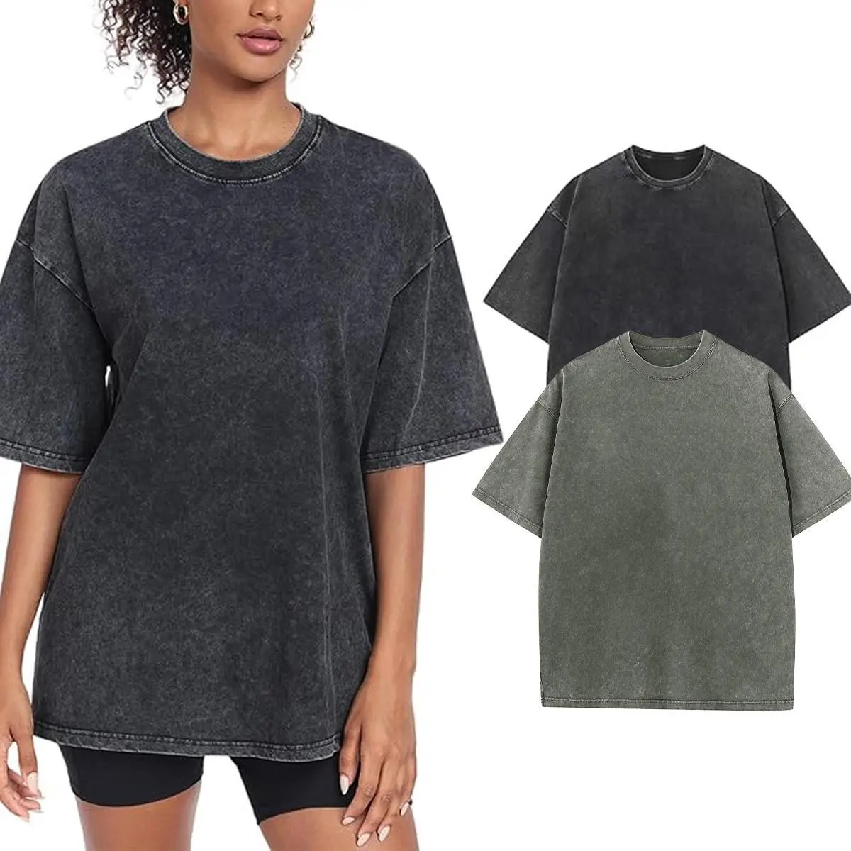 Holafish Oversized Women's T-shirts 100% Cotton,Half Short-sleeved Tops Casual Loose Fit,Vintage Acid Washed Womenswear Work Out Tees Fashion Tops AG