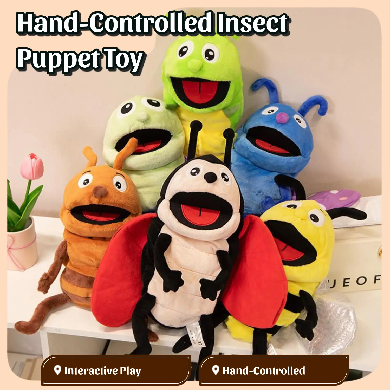 Plush Simulation Insect Glove Puppets - Manual-Controlled Polyester Stuffed Toys for Interactive Play, Storytelling Performances, 12+ Years Above, Including Butterfly, Ladybug, Bee Designs
