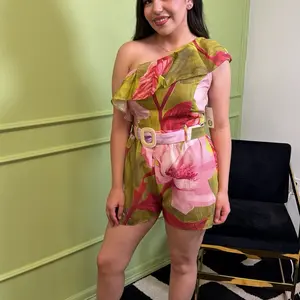 Floral Romper with One Shoulder Design and Belted Waist for Women
