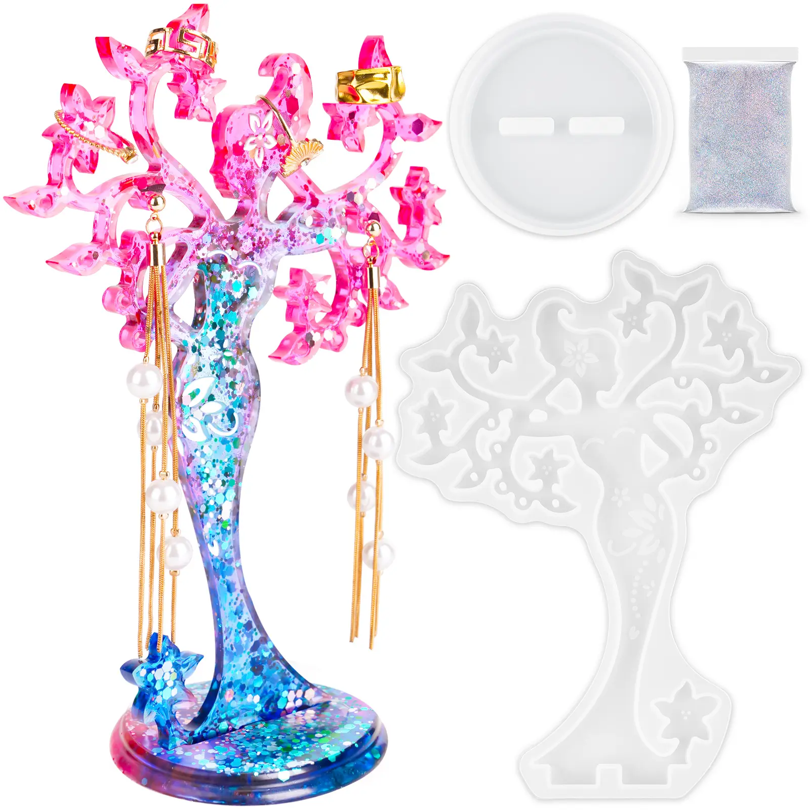 NiArt Beauty Epoxy Resin Silicone Casting Mold Kit - 2PCS Translucent Glitter Jewelry Holder Rack, Safe for Children and Adults, Resin Kit Jewellery-Making Display & Packaging, Earrings Stand Organiser, DIY Beading Supplies, Room Accessories Gift
