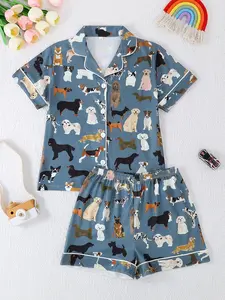 Kids Pajama Set, Cartoon Dog Pattern, Short Sleeve, Loose Fit, Fire-Resistant Fabric, All Seasons, Party Gift, Boys & Girls, Cartoon Print Pajama, Cartoon Pattern Pajamas