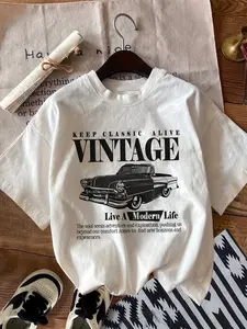 1 X Women's Slim Fit Car Graphic White Crew Neck Short Sleeve T-Shirt, Casual Vintage Style, Suitable for Summer