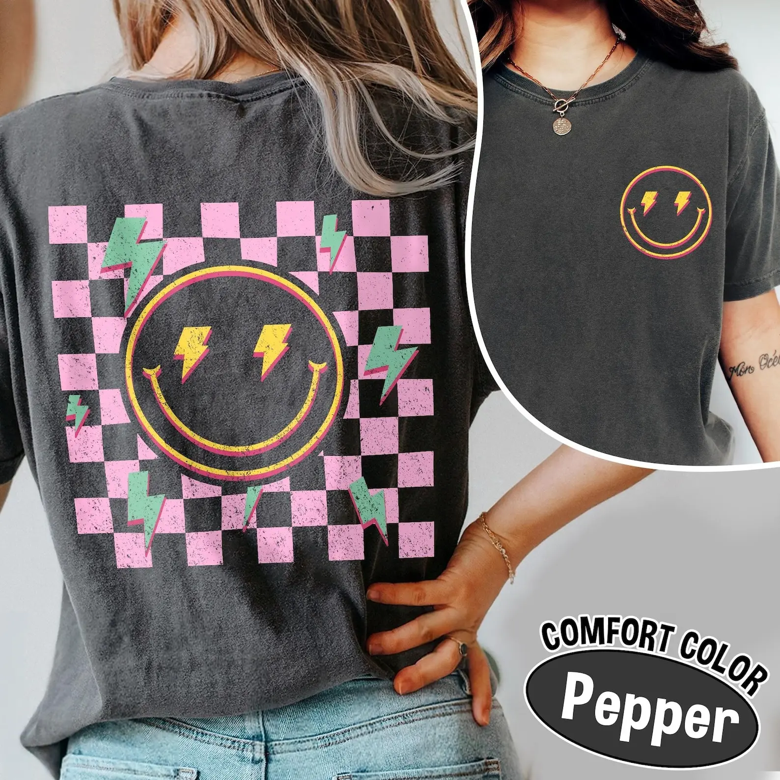Victoria Maxwell, Vintage&Comfortable Shirt, Comfort Colors Retro Checkered Pattern Bolt Smiley Face Shirt, Happy Face Graphic Tee, Gift For Her