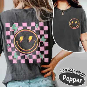 Victoria Maxwell, Vintage&Comfortable Shirt, Comfort Colors Retro Checkered Pattern Bolt Smiley Face Shirt, Happy Face Graphic Tee, Gift For Her