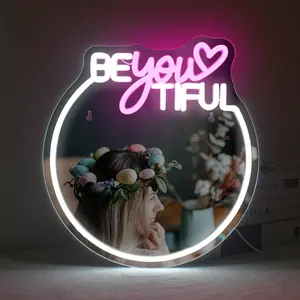 Mirror Neon Sign, USB Powered LED Glowing Wall Hanging Neon Light, Decorative Light Ambient Night Lights for Home, Office, Shop, Coffee Shop, Girl's Room