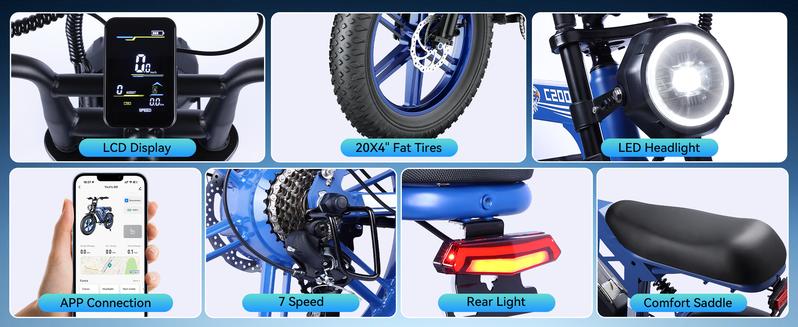 [C200 Electric ebike | Peak Power 1500W| Full Suspension | Top Speed 32 MPH | Range 50-80 Km  | 48V 17.5Ah Removable Battery | 2-Seater Design | LED Headlights | 20-Inch All-Terrain Fat Tires | App-controlled | Blue, Green and Black
