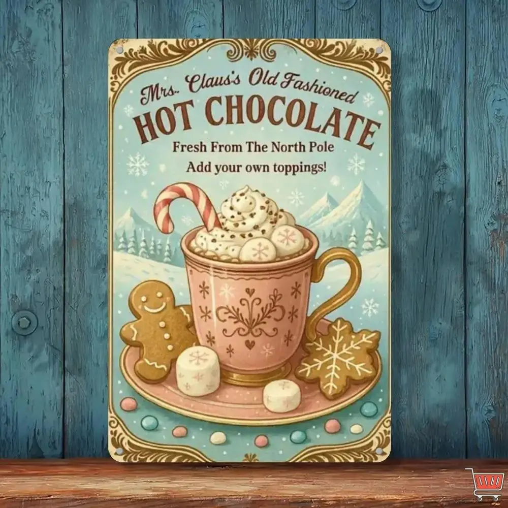 Mrs Claus Old Fashioned Hot Chocolate Gingerbread Winter Vintage Tin Sign 8x12in Christmas Cocoa Holiday Wall Decor Metal Tin Sign