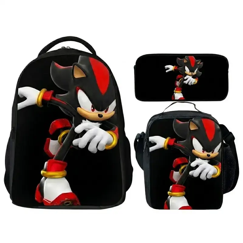Cool Red & Black Anime Print Backpack 3-Piece Set, Lightweight Water-Resistant Daypack with Insulated Lunch Bag & Pencil Case, Multi-Pocket Daily Commute & Library Bag