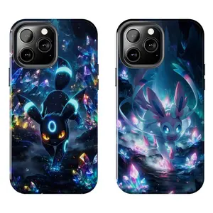 Anime Pokemon Umbreon Sylveon Crystal Cave Phone Case for iPhone 17-7 Pro Max Plus & Samsung Galaxy S26-S21 Ultra Plus - Glowing Crystal Eeveelution Aesthetic Phone Cover unisex