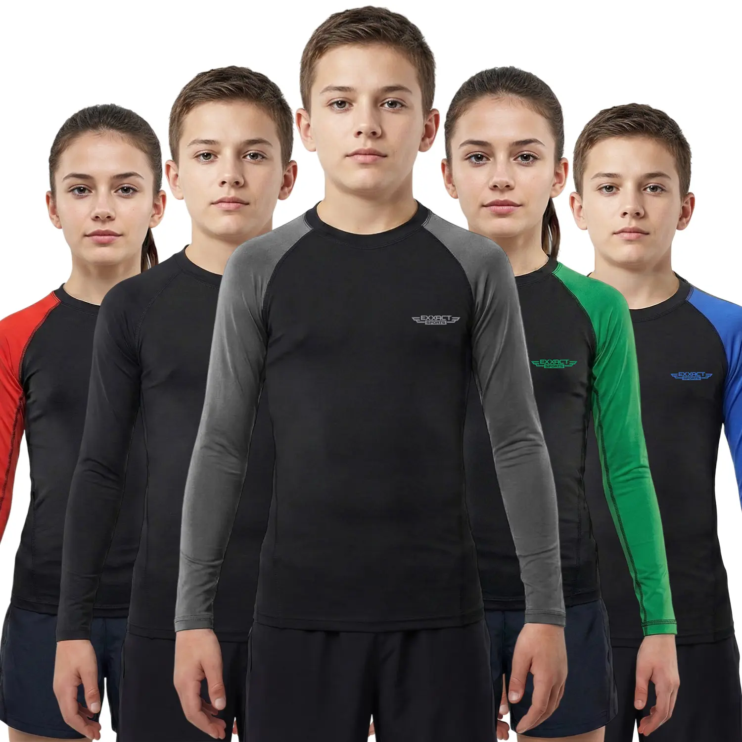 Exxact Sports Kids Gray Fitted Long-Sleeve BJJ Pullover Rash Guard - 4-Way Stretch, Soft, Anti-Odour, Universal US Standards Martial Arts Compression Shirt for Boys (No Gi Jiu Jitsu), Vibrant Prints, Unisex Kids