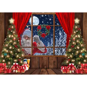 7X5FT Christmas Backdrop Santa Claus Photo Background Winter Snow Xmas Wooden Window Moon Christmas Tree Gifts Photography Background  Year Party Decorations Banner X-68