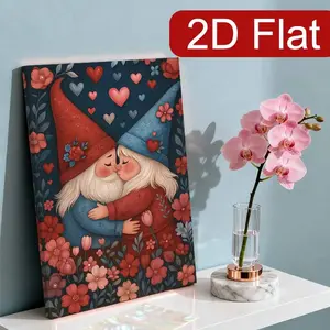 2D Flat Sheet 2D Flat Wooden Frame Dwarf Couple Kissing, with Heart and Flowers Wall Art Canvas Print| Romantic and sweet decorative painting, very suitable for bedroom, office, or cafe decoration, ideal choice for Valentine's Day, wedding gifts, and home