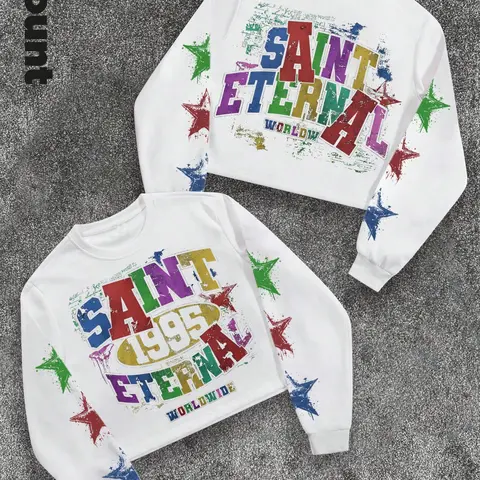 Unisex Letter & Star Print Round Neck Sweatshirt, Regular Fit Casual Street Long Sleeve Pullover for Daily Wear, Unisex Top for All Seasons, Graphic Sweatshirts, Graphic Streetwear Clothing