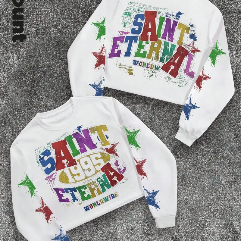 Unisex Letter & Star Print Round Neck Sweatshirt, Regular Fit Casual Street Long Sleeve Pullover for Daily Wear, Unisex Top for All Seasons, Graphic Sweatshirts, Graphic Streetwear Clothing